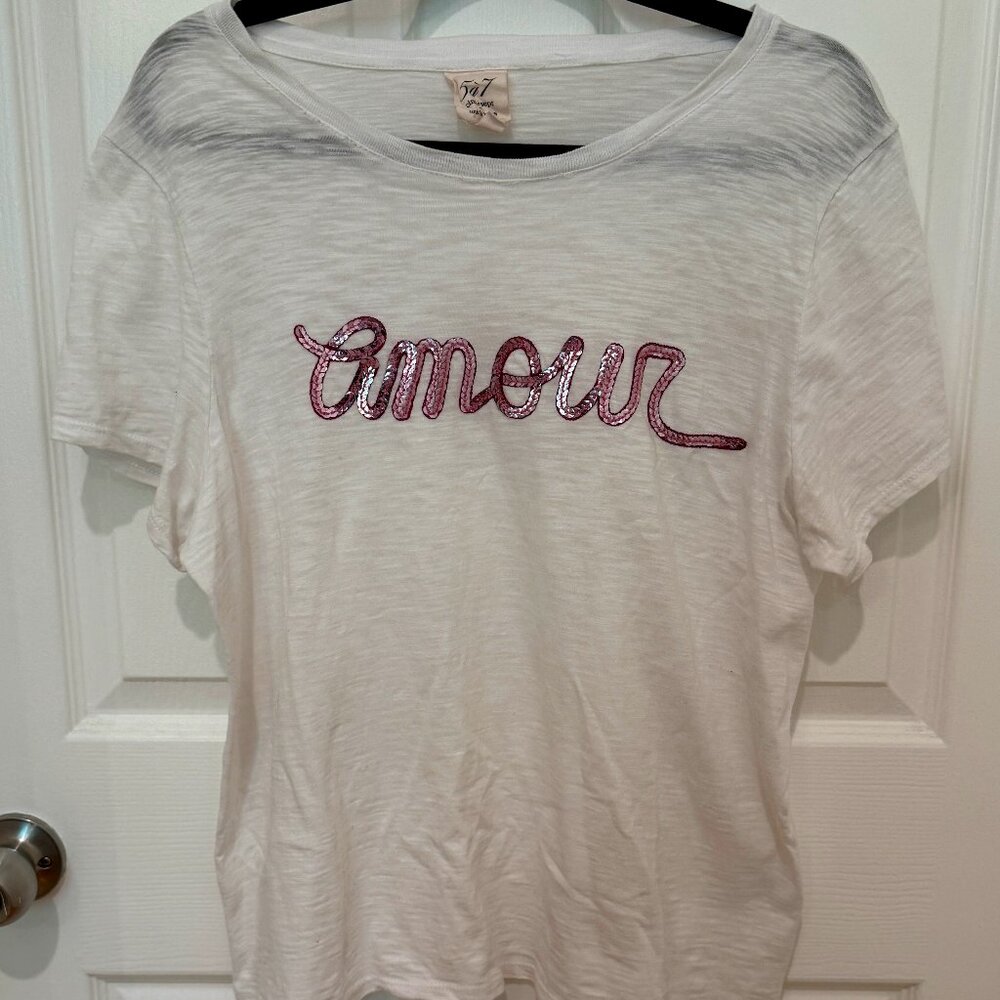 CINQ A SEPT AMOUR SHIRT WHITE WITH PINK SEQUINS LARGE